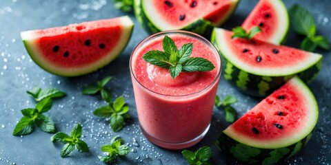 Poster - refreshing watermelon smoothie garnished with mint leaves surrounded by fresh watermelon slices on t
