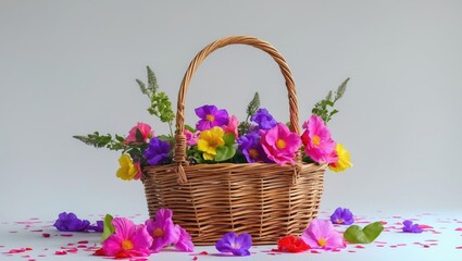 Canvas Print - Wicker Basket Filled With Colorful Flowers Against A White Background Perfect For Text Placement And Creative Design Ideas