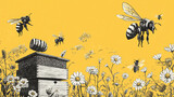 Honey farm cards waxing bee and beehive flyer. Poster organic honey and apiary, beehive and chamomile dessert nutrition vector illustration. Banner with hand drawn pictures apiary food industry.