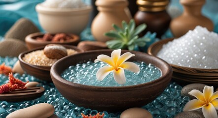 Poster - Spa setup with decorative stones, wooden bowls filled with natural ingredients and a flower on glass beads, showcasing relaxation elements.