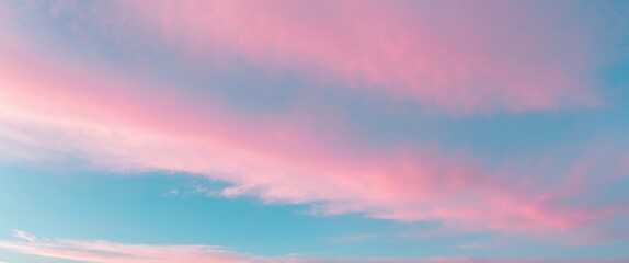 Poster - pink and blue gradient sky with wispy clouds during sunset or sunrise in a panoramic view.