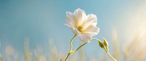 Poster - single white flower with delicate petals and yellow center growing on green stem against a soft blue