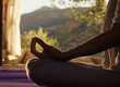 © INVO - Close-Up of Hand in Yoga Pose with Scenic Mountain View Through Open Window – Mindfulness and Meditation Concept