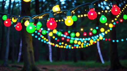 Poster - Colorful illuminated string lights hanging in a forest setting at night with blurred background and vibrant multicolored glowing bulbs