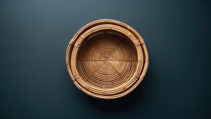 Canvas Print - Woven rattan basket top view on dark background showcasing intricate design and texture