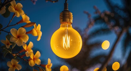 Poster - Illuminated vintage light bulb surrounded by tropical flowers against a twilight sky with blurred lights in the background