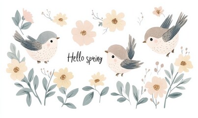 Wall Mural - hello spring - modern calligraphy inspirational text on floral background with cute painted birds.
