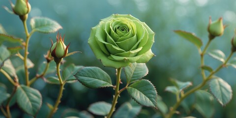 Poster - Green rose flower blooming among rosebuds with blurred background in nature setting.