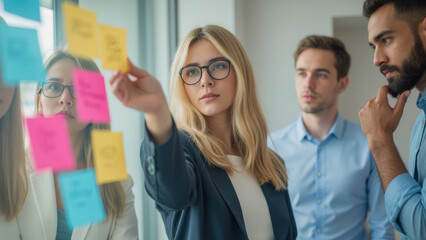 Poster - Collaborative Team Meeting on Project Ideas with Colorful Sticky Notes and Focused Professionals in Modern Office Environment
