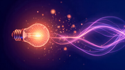 Fototapete - Vibrant Light Bulb with Glowing Filament and Colorful Energy Waves Against Dark Background for Creative Concepts and Inspiration