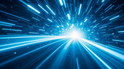 Fototapete - High-Speed Light Burst with Radiating Lines in Dynamic Blue and Bright Center Creating a Futuristic Digital Effect