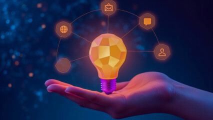 Poster - bright conceptual light bulb representing innovative ideas with digital elements floating above hand