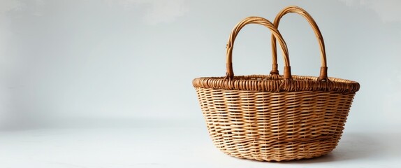 Canvas Print - Woven wicker basket with two handles placed on a light background, showcasing texture and design of the material.