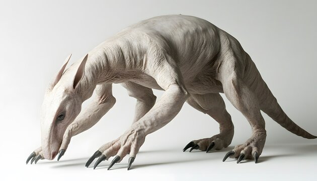 Pale creature with claws is depicted in a studio setting