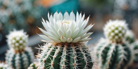 Poster - White flowering cactus in focus with green spines surrounded by blurred background of other cacti in natural light