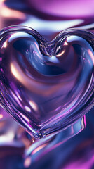 Poster - Close-up of a transparent heart-shaped glass with vivid purple and blue reflections, symbolizing love, romance, and abstract art, against a colorful blurred background.
