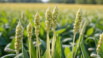 Wall Mural - Close-up of developing wheat ears surrounded by green foliage in a field during the growing season under natural sunlight