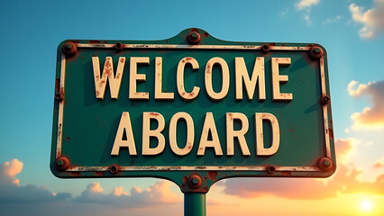 A vintage green metal sign with 'WELCOME ABOARD' text, set against a stunning blue sunset sky, evoking wanderlust and maritime adventure. Ideal for travel, cruise, and international business themes.