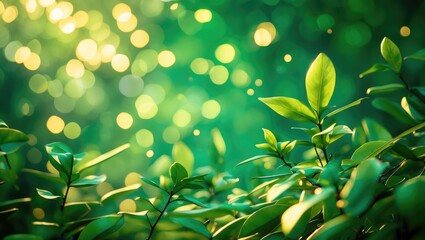 Poster - Green leaves with sunlight and bokeh background creating a vibrant natural atmosphere in a garden or forest setting
