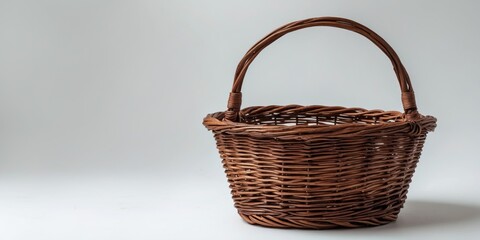 Canvas Print - Wicker basket with handle on a plain background angled to the side showcasing its texture and craftsmanship