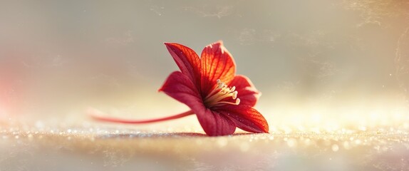 Poster - Red flower on a soft blurred background with warm tones and subtle sparkling effects capturing the essence of nature's beauty.