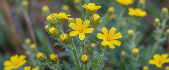 Poster - Yellow wildflowers in bloom with buds and green foliage in soft natural light during daytime in a garden setting.