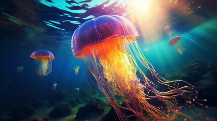 Wall Mural - Generated image - Imaginary jellyfish under the sea