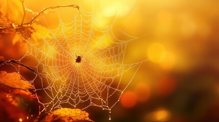 Wall Mural - Beautiful spider web in wild field with dew in morning in Spring.