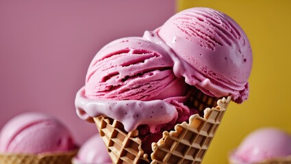 Wall Mural - Pink ice cream scoops in a waffle cone against colorful background with soft-focus ice cream in the background