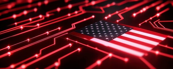United States Flag on Illuminated Circuit Board Connecting the Nation Digitally in Cybersecurity