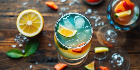 Wall Mural - Colorful cocktail with ice and fruit slices on wooden table garnished with lemon and mint leaves, overhead view with additional glasses and fresh fruit.