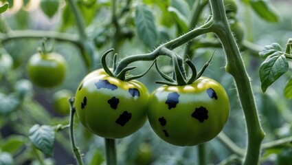 Wall Mural - Green tomatoes on vine with distinctive black spots growing in a garden setting. Soft focus on background foliage.