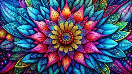 Poster - Psychedelic Surreal Abstract Flower Doodle Art - Bright Blue Pink Gradient