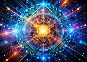 Poster - Quantum Computing: Big Data Visualization with Plexus Network Effect - Stock Photo
