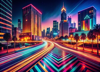 Poster - Retro Striped Night Scene: Vibrant Colored Lines in Dark Cityscape