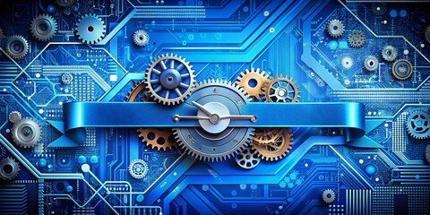 Poster - Retro Tech Fusion: Old Gears & Modern Circuits - Blue Banner Background Stock Photo