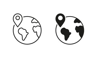 Poster - Global Delivery Icon. Planet Earth with Location Pin Line and Silhouette Icon Set. Editable Stroke. Isolated Vector Illustration