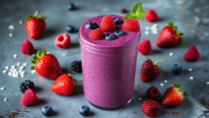 Poster - Berry smoothie in glass jar surrounded by fresh strawberries, raspberries, blueberries, and blackberries on textured surface.