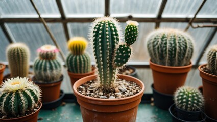 Poster - variety of potted cacti in greenhouse setting with glass walls displaying unique shapes and colors o