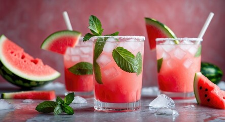 Poster - Watermelon cocktails with fresh mint and ice in glasses with watermelon slices and ice on a textured surface