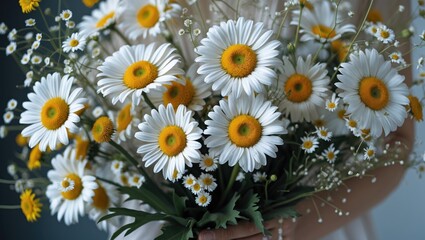 Wall Mural - Bouquet of white daisies with yellow centers and small wildflowers held by a person in soft focus background