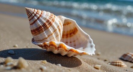 Poster - close-up of a striped seashell on sandy beach with ocean waves in the background under bright sunlig