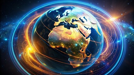 Poster - Rotating Earth Globe with Futuristic Digital Interface - Panoramic Stock Photo