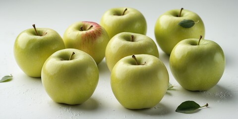 Poster - Fresh green apples arranged in a cluster on a white background with a single red apple and green leaves scattered around.