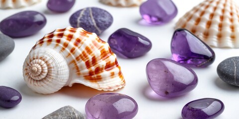 Poster - seashell and amethyst crystals on white background decorative natural elements