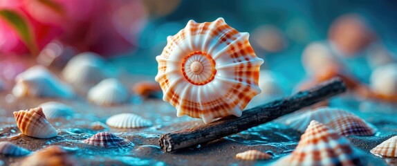 Poster - close-up view of colorful seashells on sandy beach with water droplets and decorative elements in so