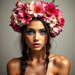 © Prasenjit - Close-up of a woman with a floral headband. The woman has long, blonde wavy hair that frames her face.  Her makeup features a light blush on her cheeks,