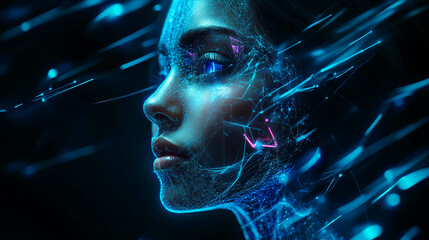 Poster - Futuristic portrait of a woman with glowing digital lines and blue light patterns covering her face, symbolizing technology, artificial intelligence, and digital transformation.