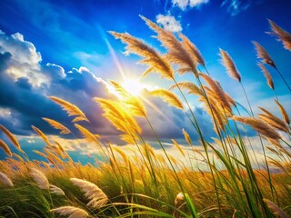 Poster - Serene Long Exposure: Grass Blades and Azure Sky - Peaceful Nature Stock Photo
