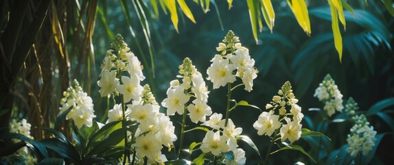Poster - White flowering plants surrounded by lush green foliage in a natural light setting.